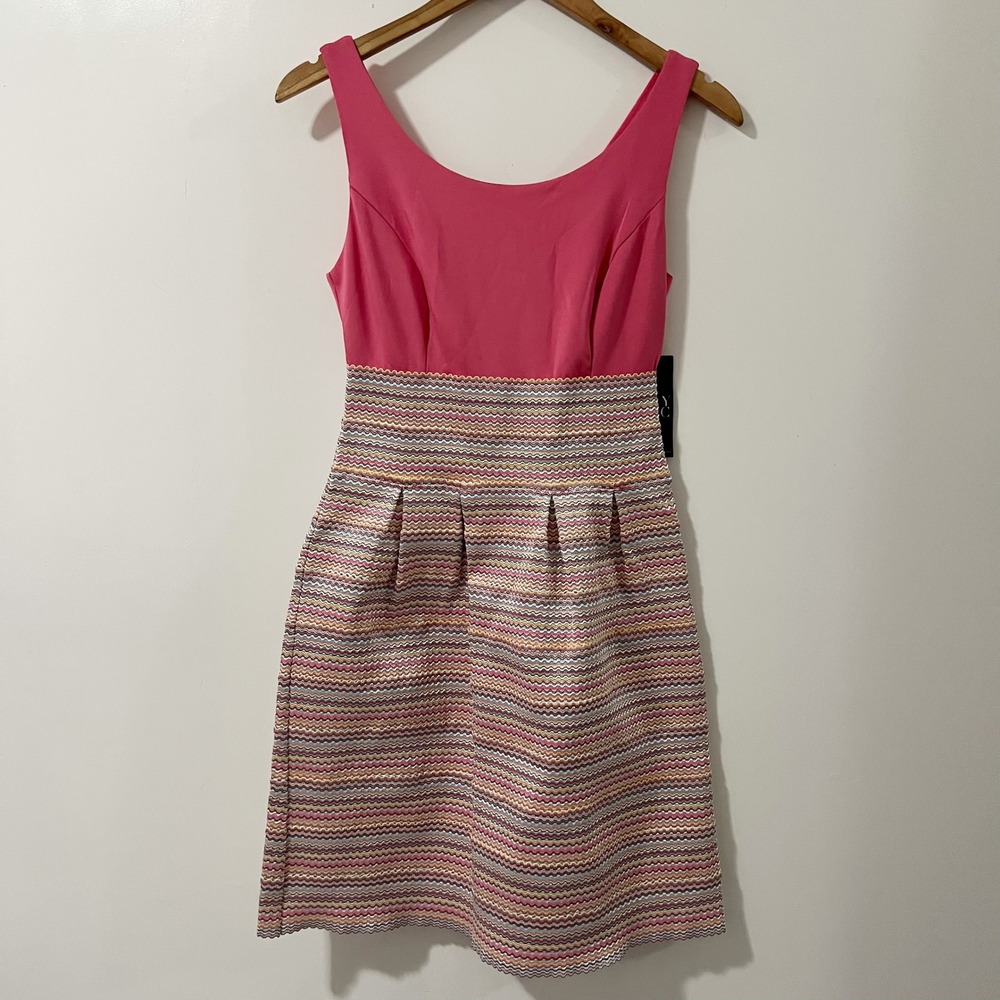 New York & Company Pink Chevron Zig Zag Fit Flare Dress Small Petite NWT